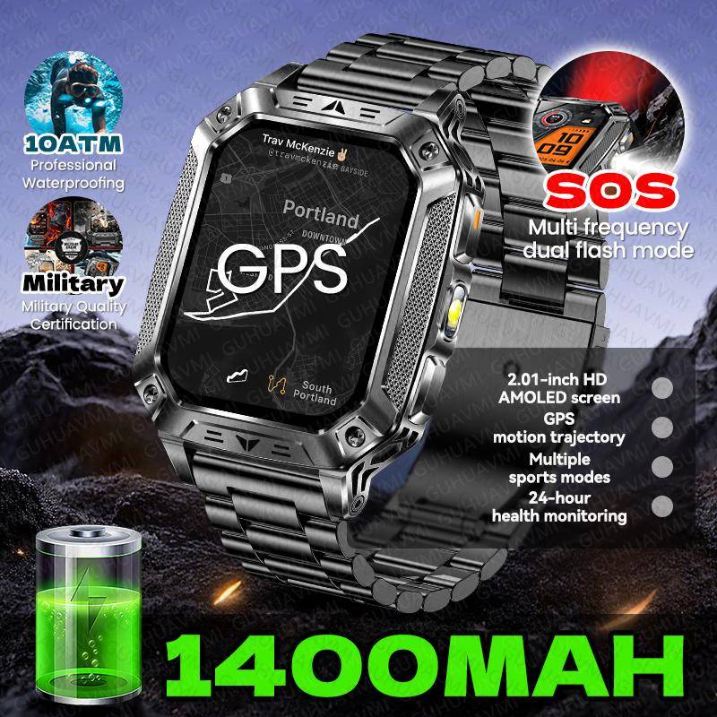 2026 New Outdoor GPS Smart Watch Men Military Certified 1400mAh Battery Bluetooth Call 10ATM Waterproof SOS Flashlight Smartwatch