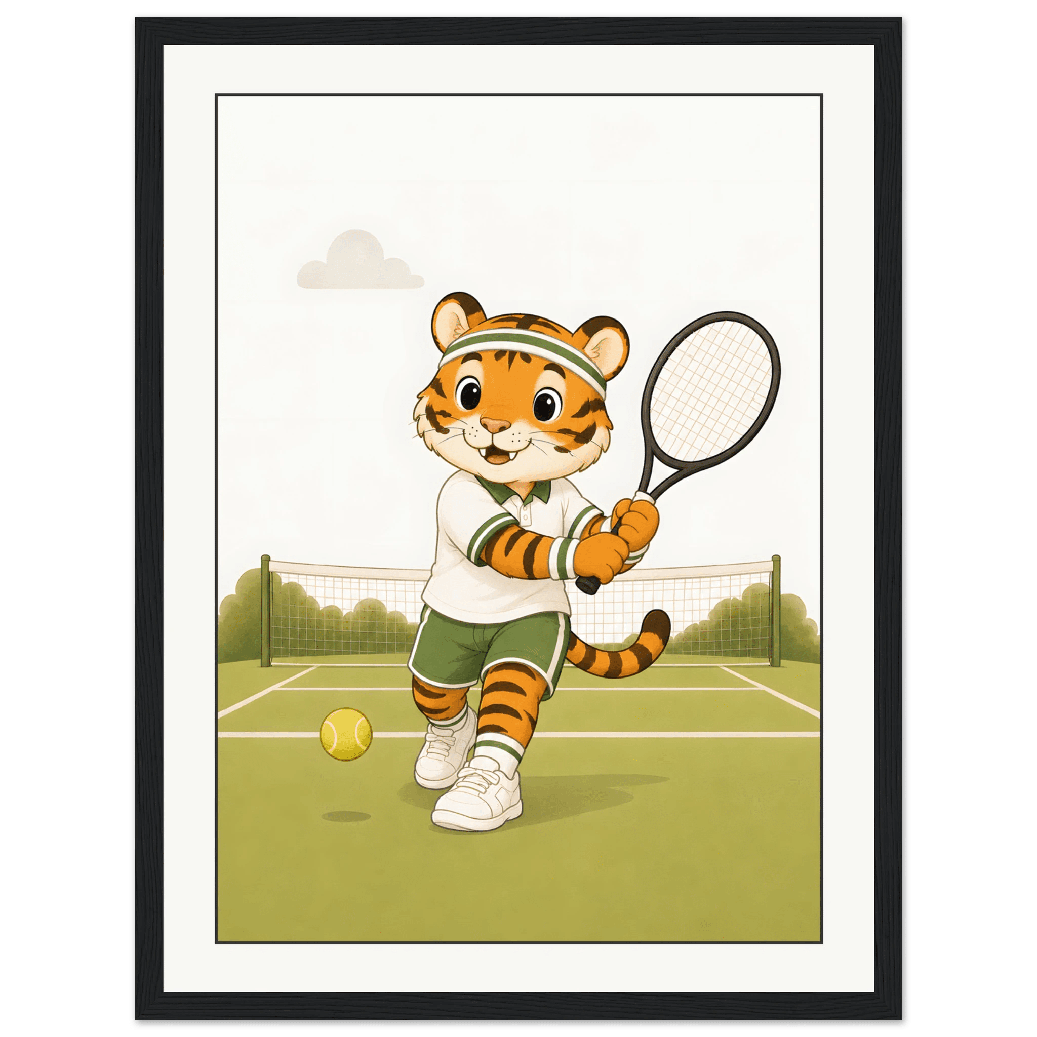 Tiger spelar tennis-30x40 cm / 12x16″ / Med ram / Svart