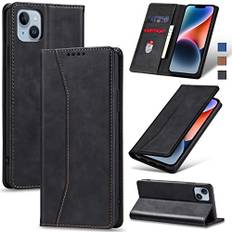 Jasonyu Skal för iPhone 14, Premium Läder Vikbart Skyddande Fodral [Hölster, Magnetisk, kortfack, stativfunktion] Wallet Leather Case Cover (Svart)
