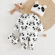 3 delar mjuka flanellpyjamasset för nyfödda, pandatryckt långärmad sparkdräkt med fotbälte, mössa och vantar - Vitt (6-9M,0-1M,1-3M,3-6M)