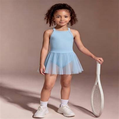 Rosa endelig klänning för unga flickor med hög elasticitet och hudvänlig design, meshlapp på ryggen, mjukt och stretchigt tyg, lämplig för yoga, dans, - Blå (6Y,7Y,4Y,5Y)