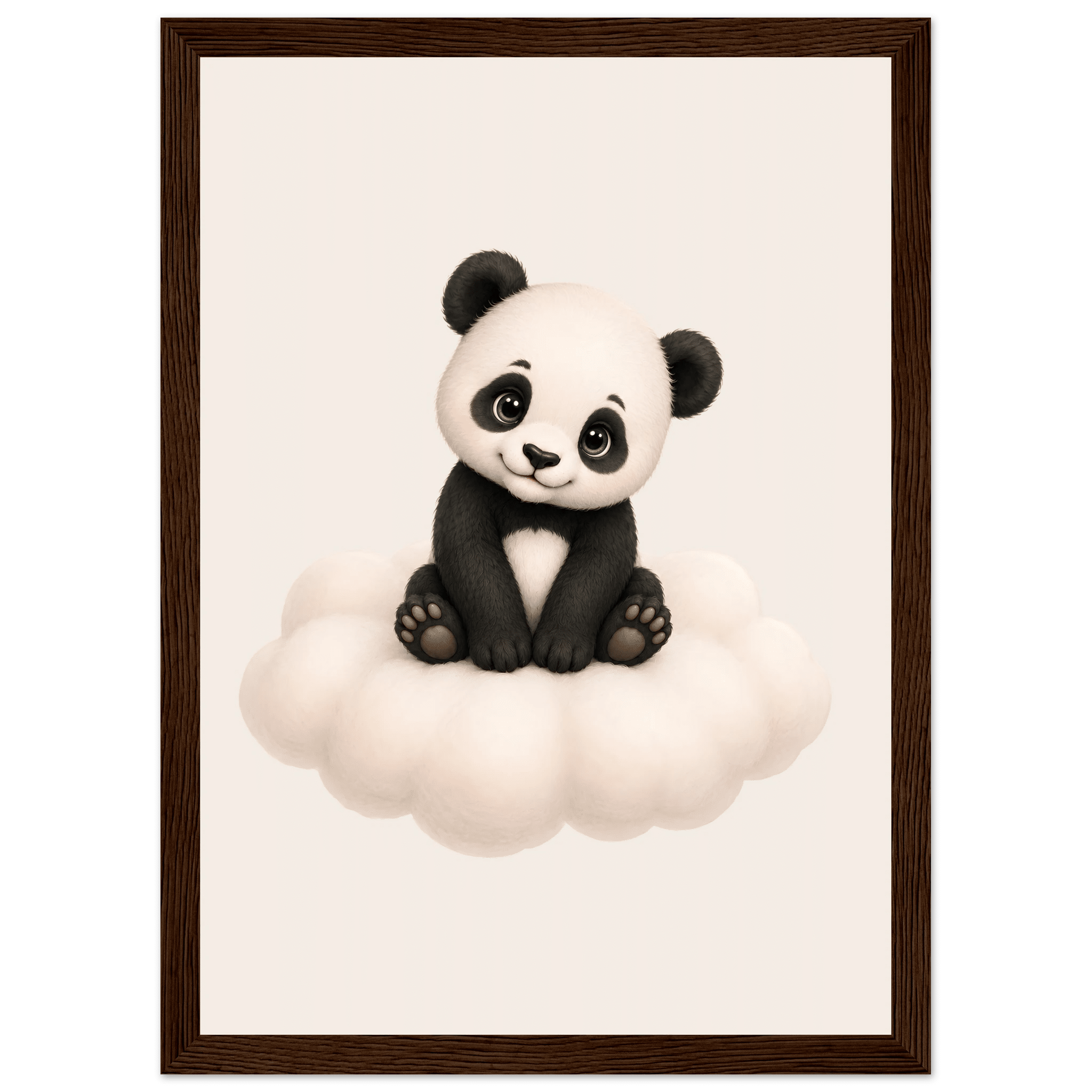 Söt panda på moln poster-21x29.7 cm / 8x12" / Med ram / Mörkt trä