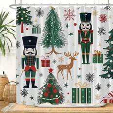 1 set duschdraperi med julmotiv, nötknäppare och julgran - vattentät polyester, vit, tall- och hjortmönster, inkluderar krokar, perfekt för badrumsdek - Multifärgad (180*180 cm)