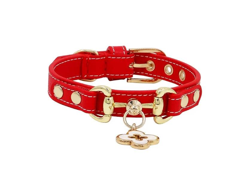 Rhinestone Genuine Leather Dog & Cat Collar - Red / S 1.6x24-30cm (S 1.6x24-30cm)