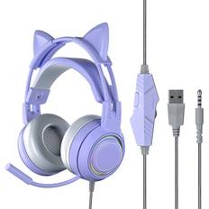 Cat Ear Headphones with Noise Reduction Mic for Girls All Wrapped Earcups Wired Over Ear Gaming violett