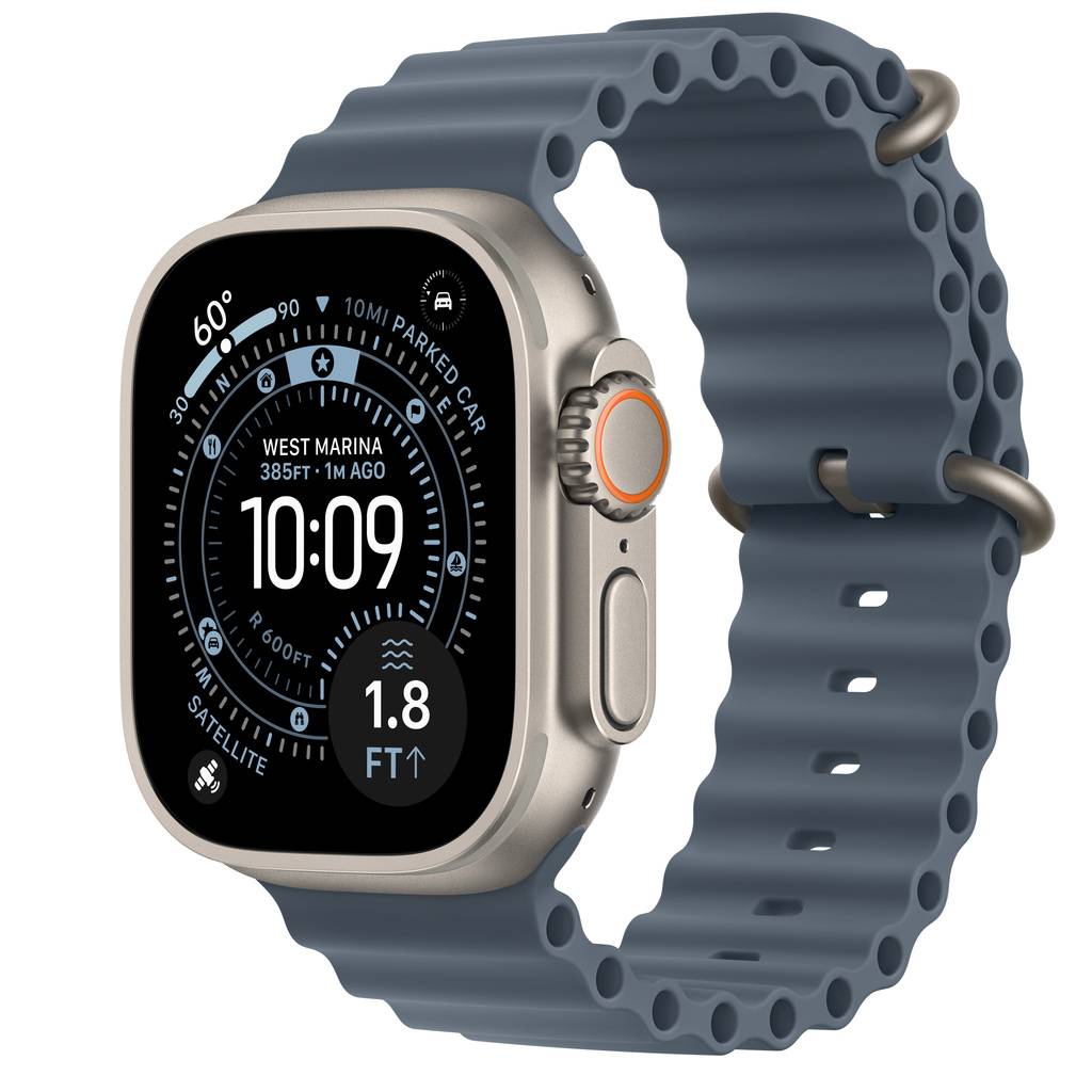 Apple Watch Ultra 3 (GPS + Cellular) • Titanboett naturlig, 49 mm • Havsband ankarblå