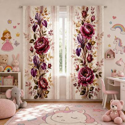 2 st dekorativa gardiner i vintage oljemålningsstil med pionblomtryck, gardinstångsfäste utan borrning, enkel installation och avtagbara, polyester, l - Multifärgad (Multi-size)