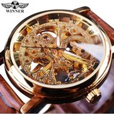 Winner Wristwatches Men Watch Luxury Transparent Golden Case Casual Design Brown Leather Mens Watches Mechanical Skeleton Watch