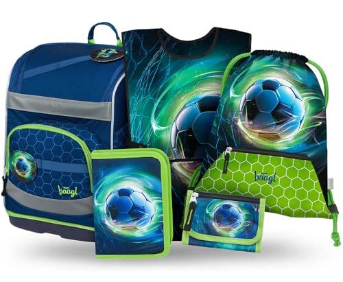 Baagl Schulranzen Jungen Set 5 Teilig (Zippy Schultasche für 1. Klasse, Mäppchen, Turnbeutel, Schürze, Brustbeutel), Grundschule Ranzen, Ergonomischer Schulrucksack, 21 l (Fußball Ball)