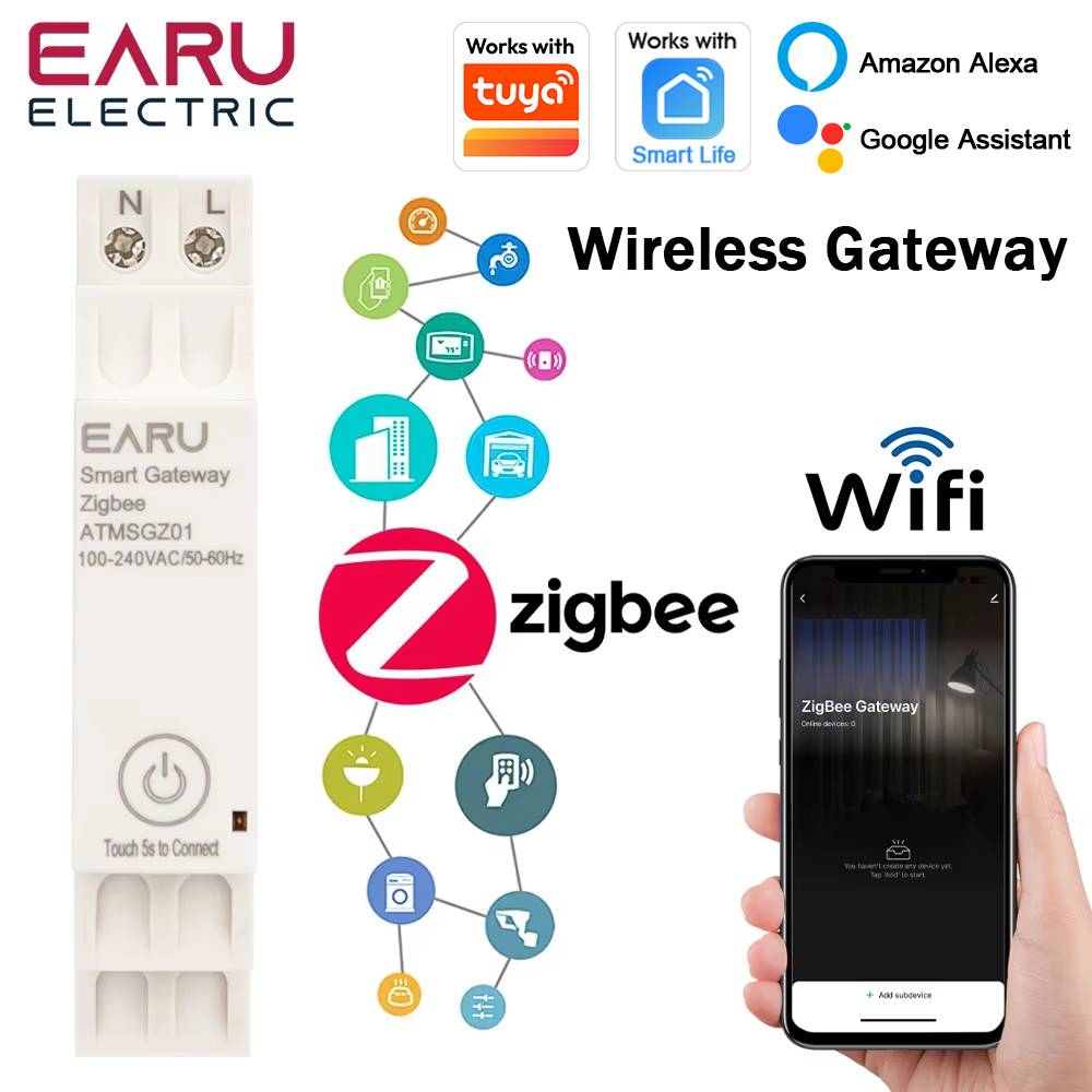 EARU Tuya Smart WiFi ZigBee 3.0 Gateway Hub Smart Home Appliances Wireless Bridge Remote Control Automation Device Work Din Rail