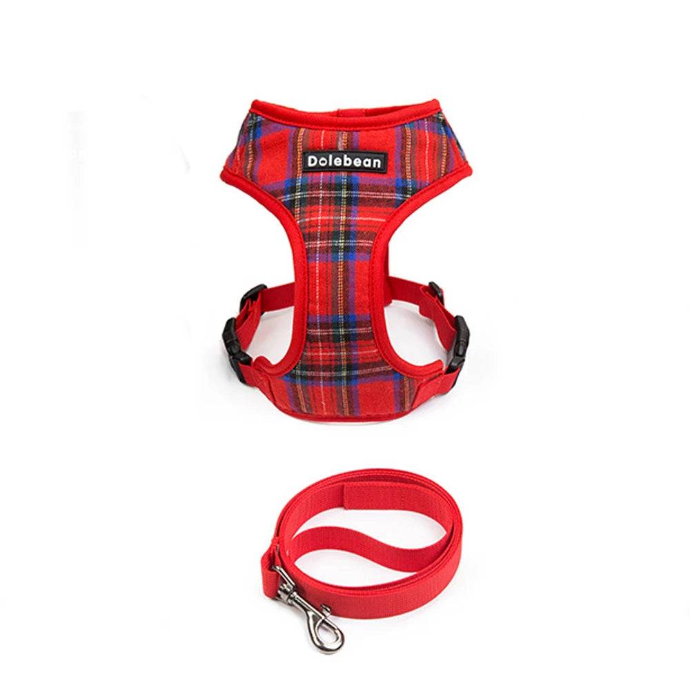 Adjustable Plaid Dog Harness & Leash Set - Red / S chest 32-42cm (S chest 32-42cm)