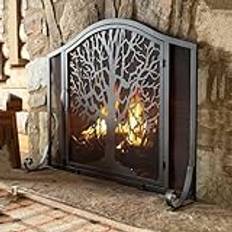 Fireplace Screen Decorative Wrought Iron Fireplace Screens, Tree & Bird Design Fire Screen for Indoor Outdoor, Free Standing Flame Spark Protection with Door,Black