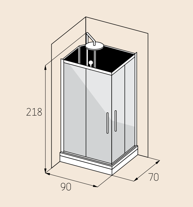 Brusekabine med sort glas og børstet aluminium - Gilleleje - 90 x 90 x 218 cm