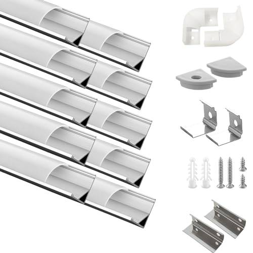 Efishine Pack med 10 LED-profiler aluminium 10 x 1 m, V-formad aluminiumprofiler med mjölkskydd, ändlock och monteringsfäste för remsor, mycket enkel installation