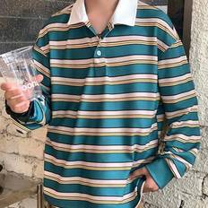 Tween Boys Casual Bekväm Mångsidig Randig Kontrastfärgad Krage Långärmad Pikétröja - Multifärgad (8Y,9Y,10Y,11Y,12Y)