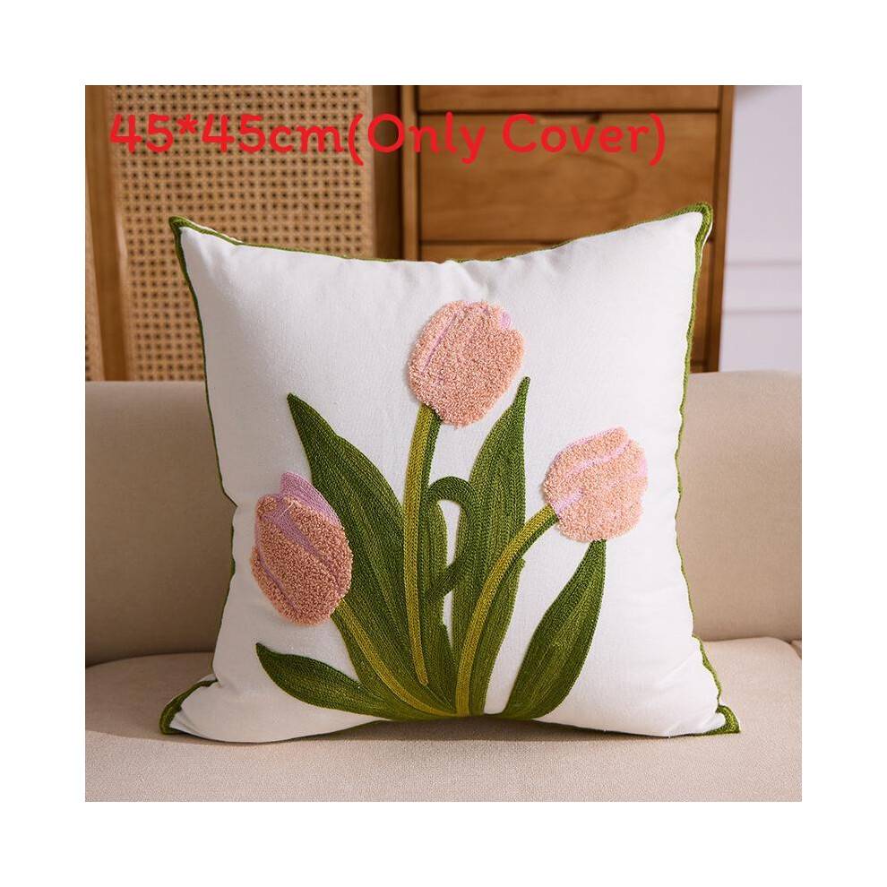 (Pink Tulip)Embroidered Daisy Sunflower Throw Pillow Cover For Home Decor Style Cute