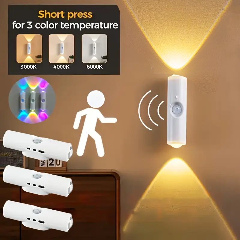 Double Head LED Night Light Motion Sensor RGB Color Changing Rechargeable Magnetic Wall Lamp for Hallway Stair Cabinet