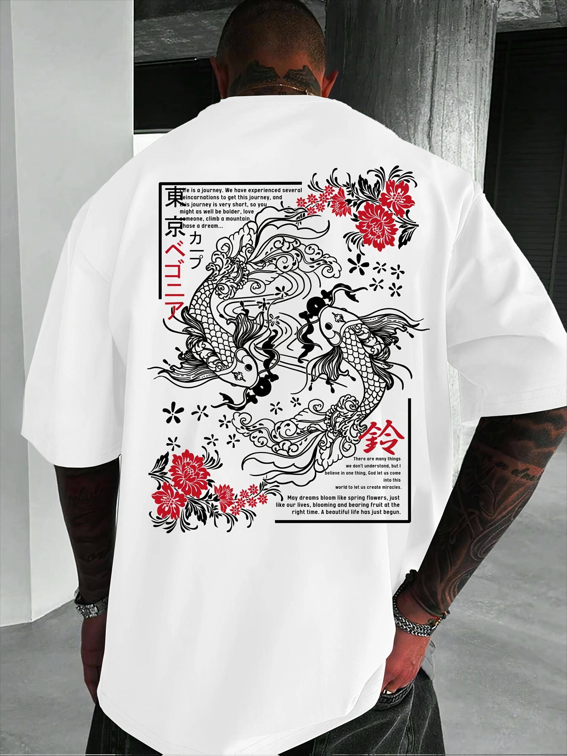 Koi Fisk Körsbärsblommor Blommig Japansk Grafisk T-shirt Unisex Unisex Harajuku Streetwear Estetisk Vardaglig Bomull Kortärmade Toppar cm white