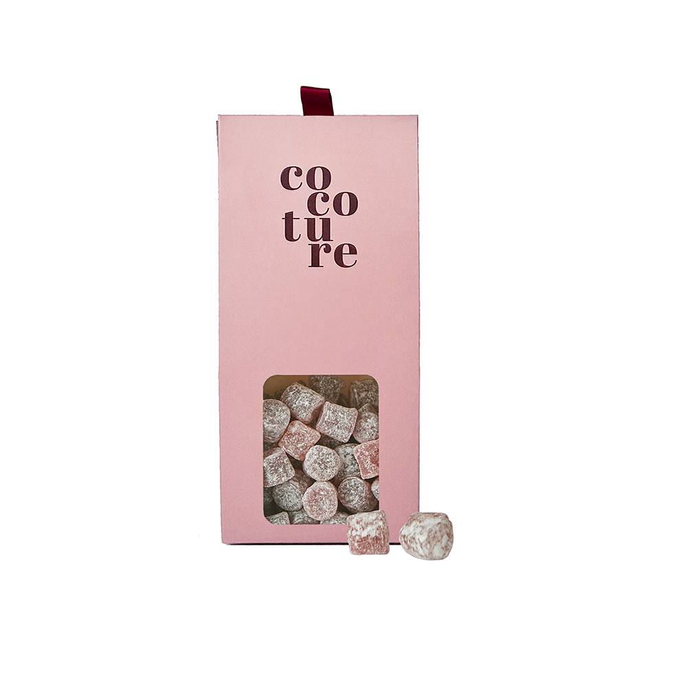 Gourmet vegansk/glutenfri vingummi m/ røde bær i lyserød metallic Cocoture dragébox - 100g