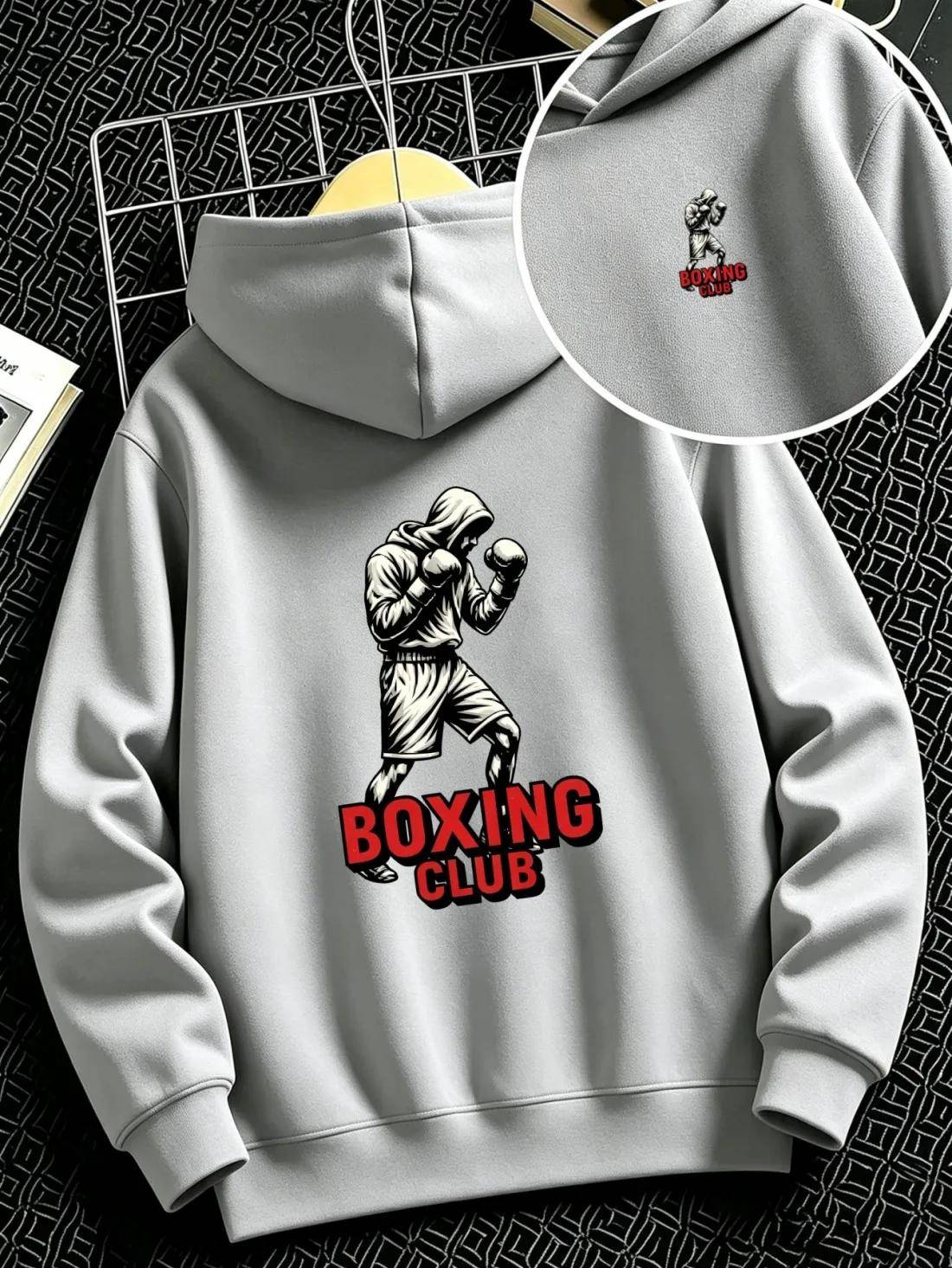 Kids Hoodie Autumn Winter Fleece Boxing Club Boxer Graphic Pullover Sweatshirt Casual Warm Sports Hooded Sweatshirt cm gray