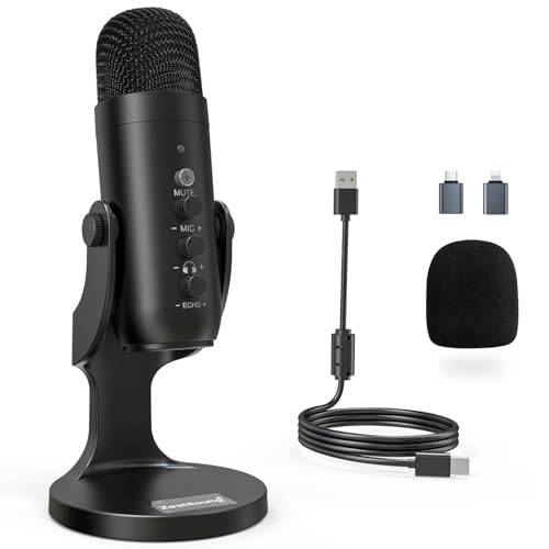 ZealSound USB Microphone, Condenser Microphone PC Mobile Phone, Table Microphone for Recording, Streaming, ASMR, Podcasting Games, with Mute Gain Knob, with Phone Adapter, Compatible with PS4&5