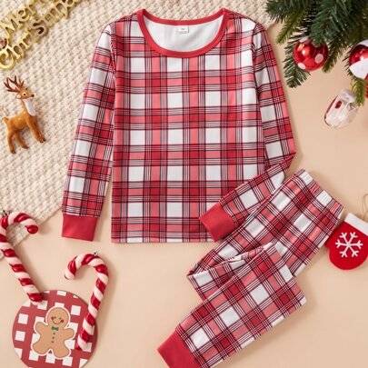 Casual retro rutig pyjamas för tween-flickor, figursydd kawaii-rutigt långärmad t-shirt och matchande figursydda track-pyjamasbyxor, set - Röd (8Y,9Y,10Y,11Y,12Y)