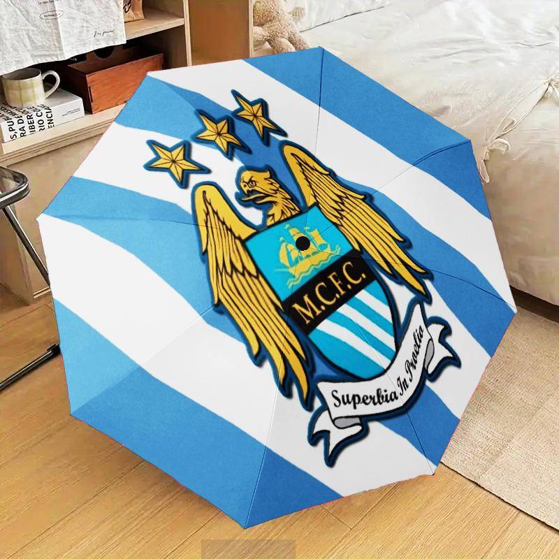 Manchester City Crest Automatisk Fällbar Paraply - 8-ribbad Reseparaply med Automatisk Öppning/Stängning & Bärbara Gåvor för helgdagar eller födelseda