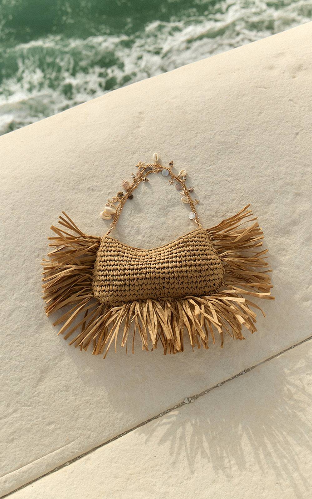 Natural Raffia Fringe Shell Trim Shoulder Bag