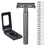 URAQT Rakhyvel för män, 2-sidig bladhuvud Safety Razor, rostfritt stål våt rakapparat, vintage högkvalitativ rakhyvel med 1 rakblad, resefodral och inbyggd spegel (svart)
