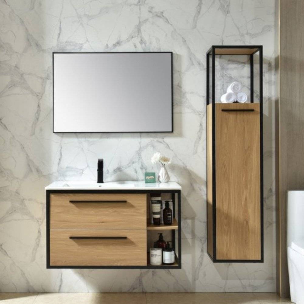 Industria Badrumspaket 90 cm Kommod, keramiskt tvättställ, spegel & sidoskåp | Trä/Svart
