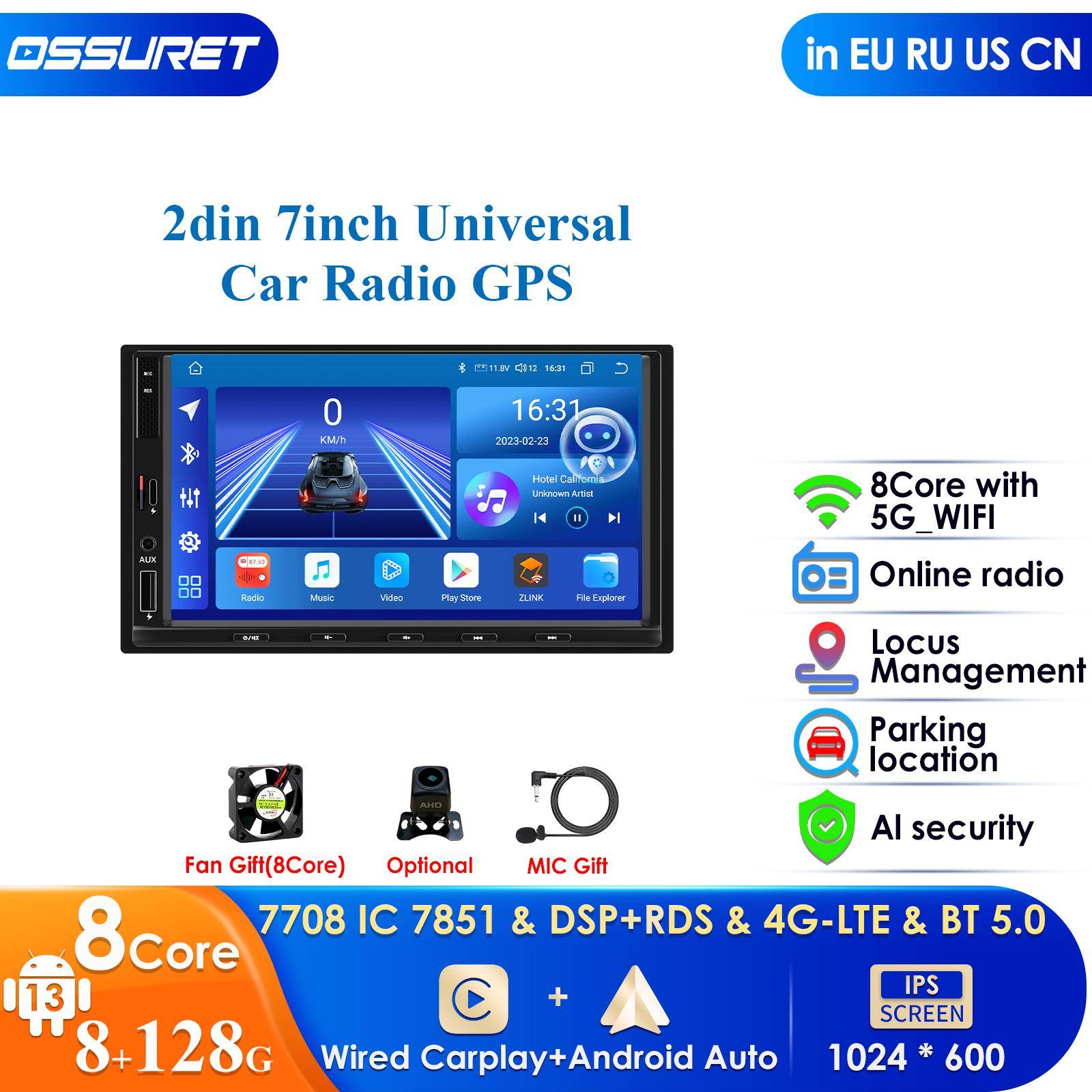 Ossuret 2din Bilradio BT android radio AI Intelligent System för Universal 7 Tum Bilradio Multimedia Videospelare GPS Carplay Android Auto 4G RDS