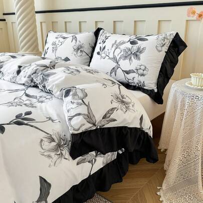 3 st påslakanset med vintageblommönster, vitt botaniskt tryck med framträdande svart volangkant, sängkläder i fransk lantlig stil, perfekt för sovrum, (Multi-size)