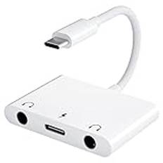 USB C till 3,5 mm audio-adapter, 3-i-1 till USB C, hörlursdelare med dubbla 3,5 mm och PD 60 W snabbladdning, kompatibel med Galaxy S22, S21, S20, S20Note 20, Pixel 4 3