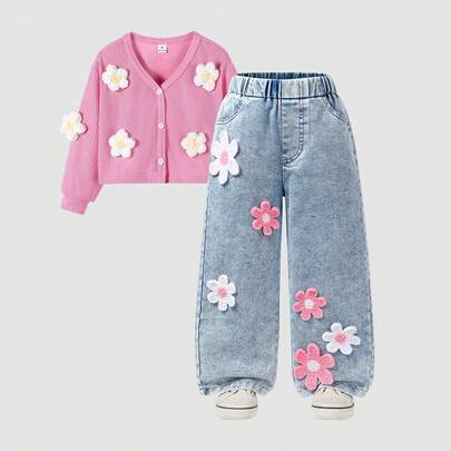 2 st/set stickad kofta med jacka och vida jeansbyxor för unga flickor, våren 2025 koreanskt mode, blommiga lösa jeans med raka ben, avslappnad chic lä - Multifärgad (6Y,7Y,8Y,4Y,5Y)