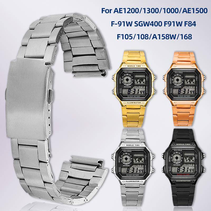 För Casio klocka AE-1200/1300 F-91W SGW400 F84 A158W/168 W-216H AE1200 Metall rostfritt stål klockarmband 18mm herrarmband Armband gray