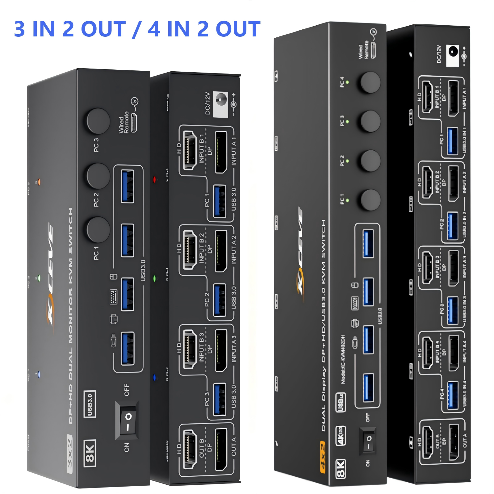 KVM Switch 4/3/2 PC 2 Monitors HDMI + DisplayPort 8K@60Hz 4K@144Hz,USB 3.0 KVM Switch Dual Monitor for 4 PC Share Keyboard Mouse