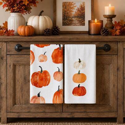 2 st kökshanddukar med pumpamönster, rustika mjuka rektangulära handdukar i akvarelltryck med pumpa, lämpliga för kök, matsal, Thanksgiving, höstsamli - Multifärgad (40*60cm)
