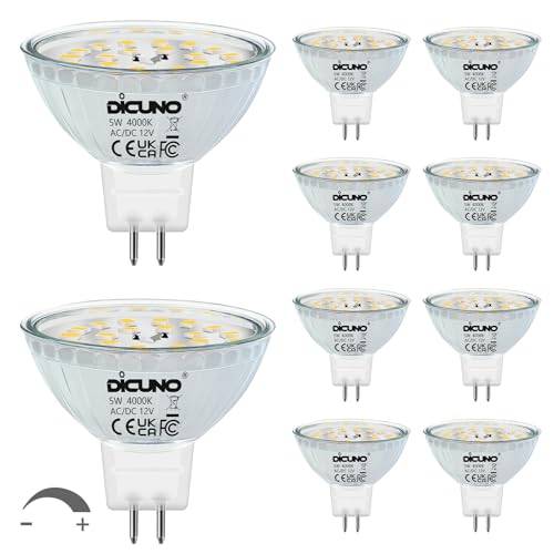 DiCUNO Dimbar GU5.3 MR16 LED-lampa, Neutralvit 4000K, 12V, 5W motsvarande 50W halogenlampor, 500LM, Dimbar GU5.3 LED-spotlight för takmontering, 10 st