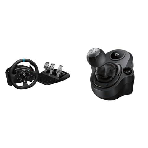 Logitech G G923 racinghjul och pedaler, TRUEFORCE Feedback, Tryckkänsliga pedaler - Svart & Logitech Driving Force Strömbrytare, 6 Ventiler med H-Schema, Växelknapp av Äkta Läder och Stål - Svart