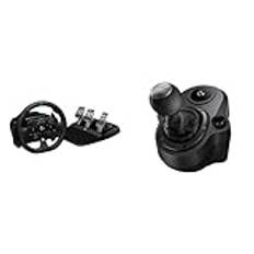 Logitech G G923 racinghjul och pedaler, TRUEFORCE Feedback, Tryckkänsliga pedaler - Svart & Logitech Driving Force Strömbrytare, 6 Ventiler med H-Schema, Växelknapp av Äkta Läder och Stål - Svart