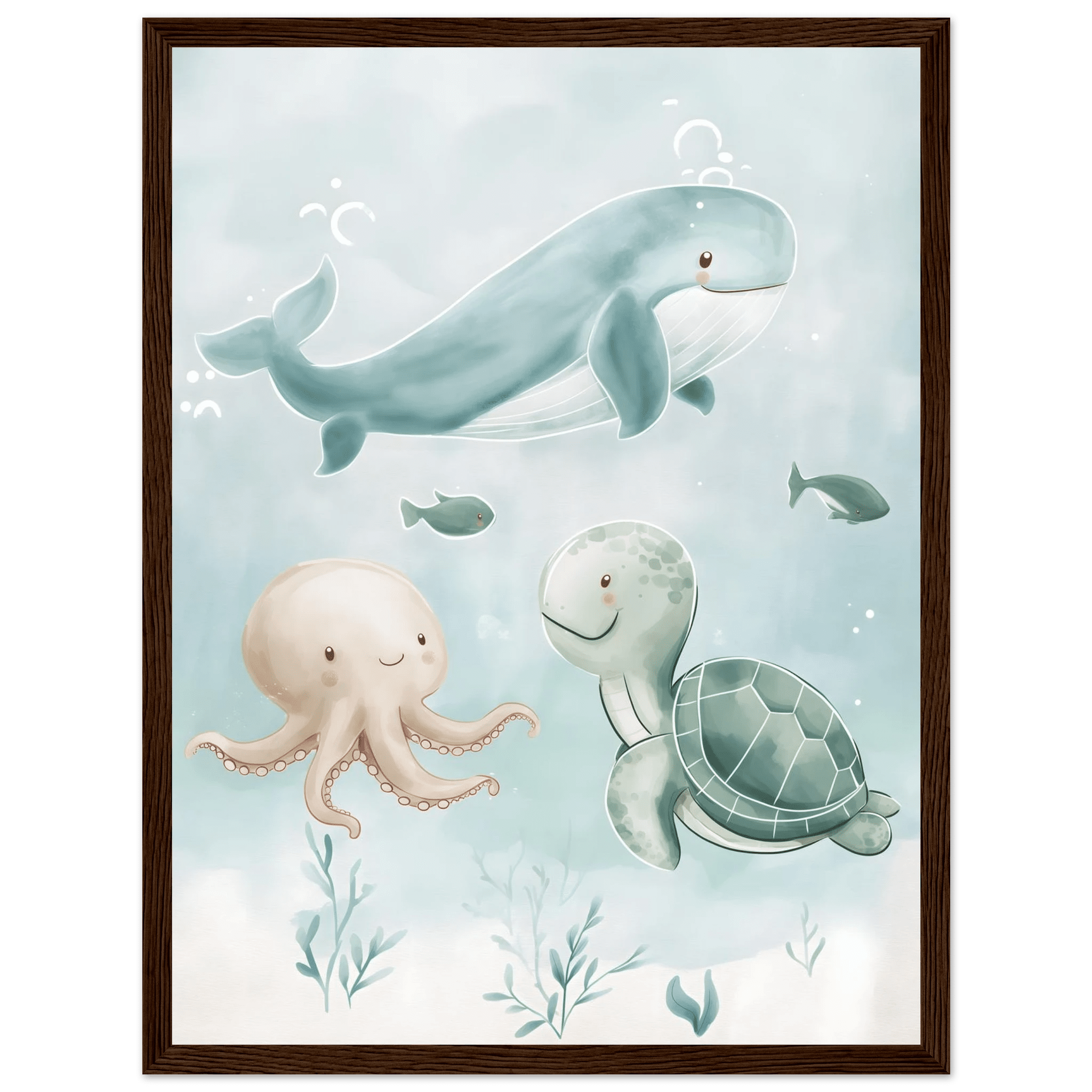 Söta havsdjur poster-30x40 cm / 12x16″ / Med ram / Mörkt trä