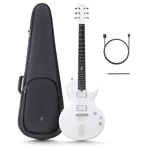 Enya Nova Go Sonic Elgitarr – Vit kolfiber Smart Elgitarr – med 10 W trådlös högtalare, inbyggda förinställningar, laddningskabel, ställnyckel och spelväska.