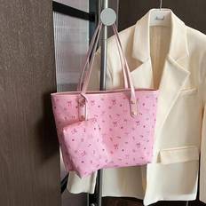 Two Pieces New Large Capacity Full Body Print Design Bow And Floral Pattern Decoration Design Double Handles Tote Bag, Suitable For Work And Commuting - Pink