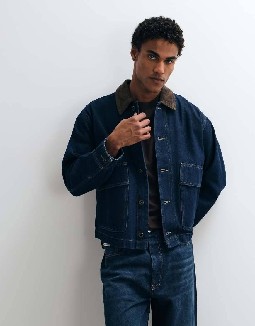 ONLY & SONS barnjakke med fløjlskrave i mørkeblå denim - 2XL