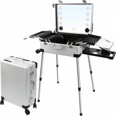 Kalolary Rolling Makeup Case, PC Multifunktion Rulling Cosmetic Case Train Case Smink Tågfodral Professionell Sminkväska med Sminkspegel för Makeupart - Silver
