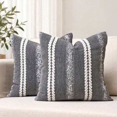 1 st/2 st grått lyxigt soffkuddfodral, mjuk kudde med 3D vertikala ränder, bohemisk lätt texturerad chenille + grovspunnen linnebas, dekorativt kuddfo (Multi-size)
