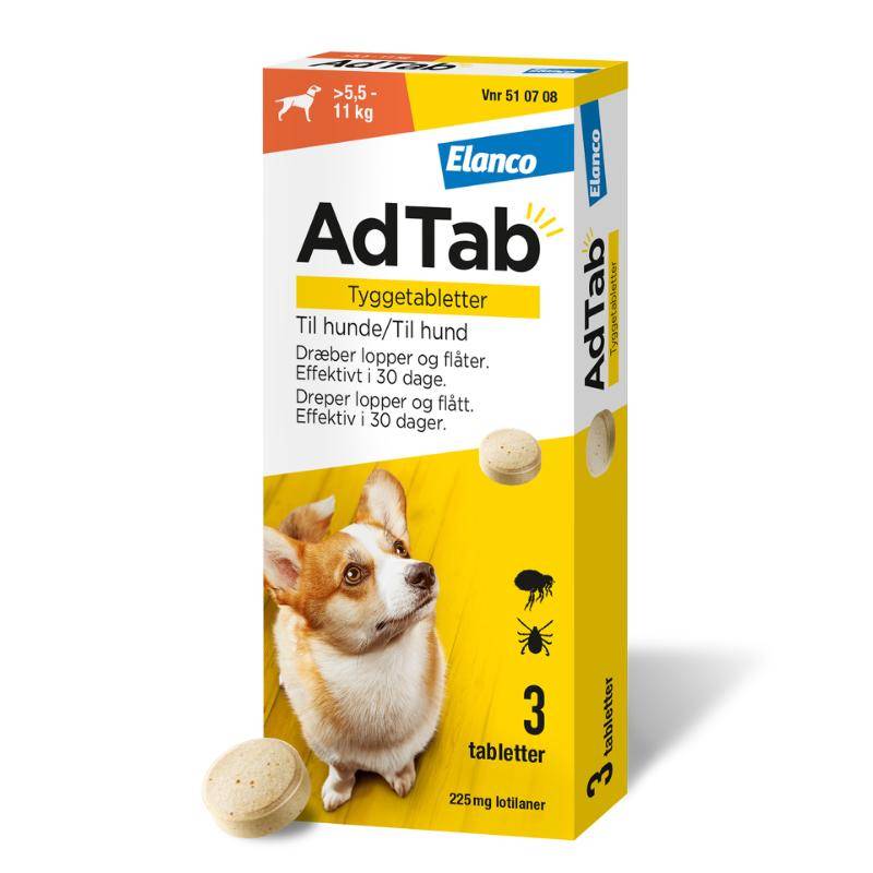 Adtab Hund 225 mg. tyggetabletter 5,5-11 kg. (Antal: 3 tyggetabletter).
