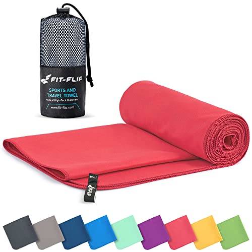 Fit-Flip microfiber handduk - kompakt, ultralätt och snabbtorkande microfiberduk – en perfekt resehandduk, sporthandduk och strandhanduk – handdukar för camping (100x200cm korallröd)