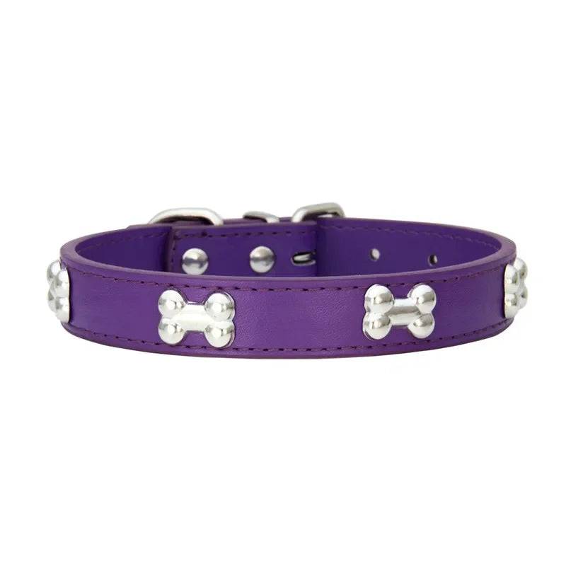 Durable Leather Dog Collar with Bone Design for Small to Large Dogs - PURPLE / XS（old）
