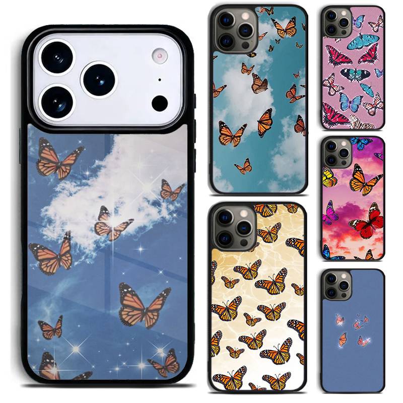 Pink Blue Colorful Butterfly Print Phone Case for iPhone 17 16 15 Pro Max Air 14 13 12 11 Plus Shockproof Capa Cover